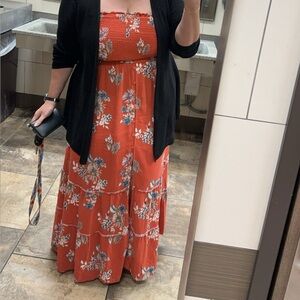 Xhilaration Orange-Red Floral Strapless Maxi Dress